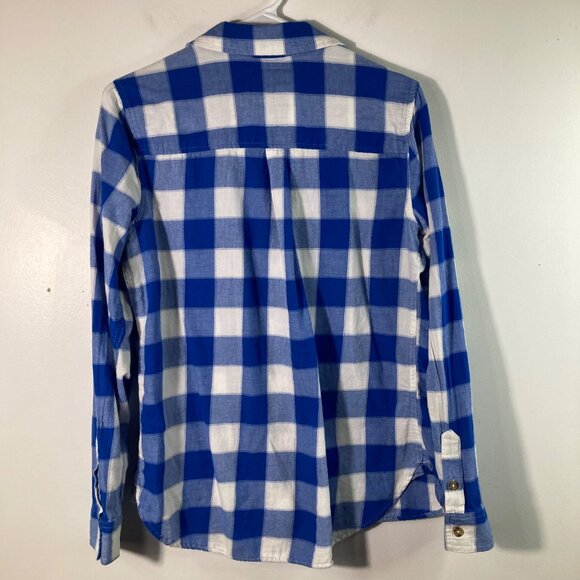 Womens So Perfect Shirt Buffalo Plaid Flannel Shirt Blue White Cotton L fits lik - Picture 2 of 8